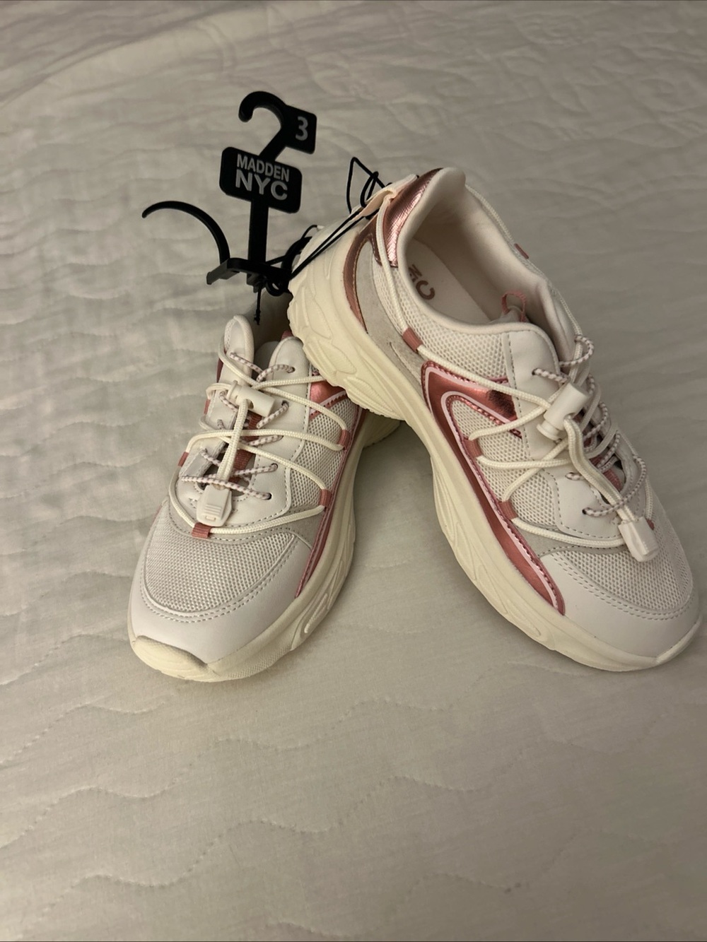 Madden NYC Kids White Sneakers with Pink Metallic Detail